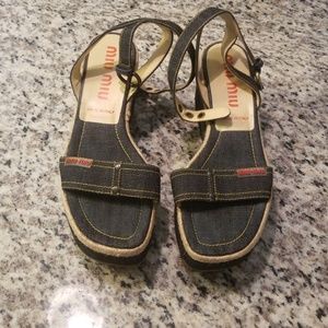 Miu Miu 8.5 Blue Denim Platform Ankle Strap Sandal